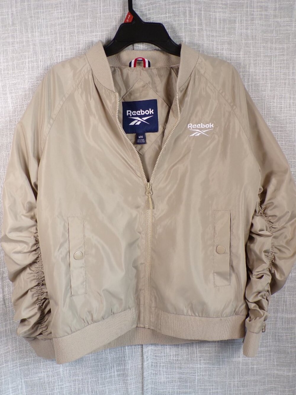 Reebok Women's Bomber Jacket with Ruched Sleeves in Mushroom